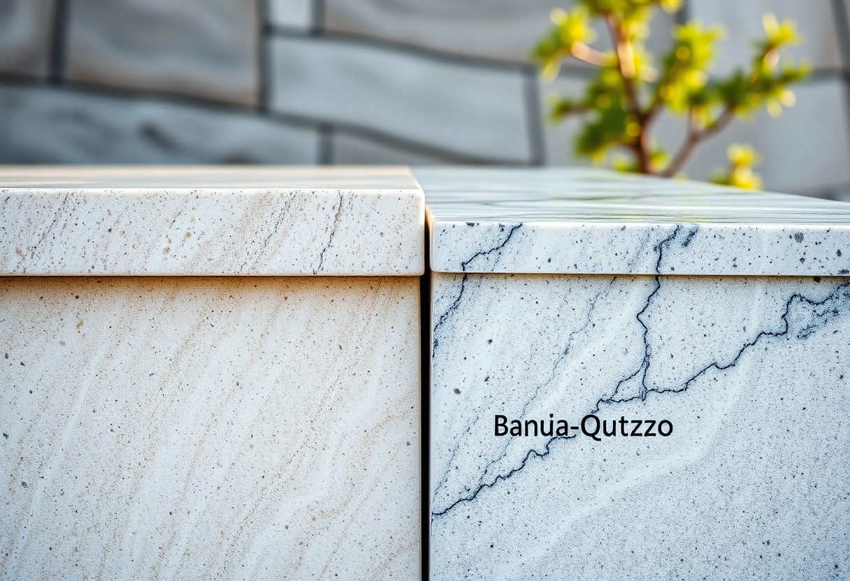 Bancada de mármore ao lado de uma bancada de quartzo