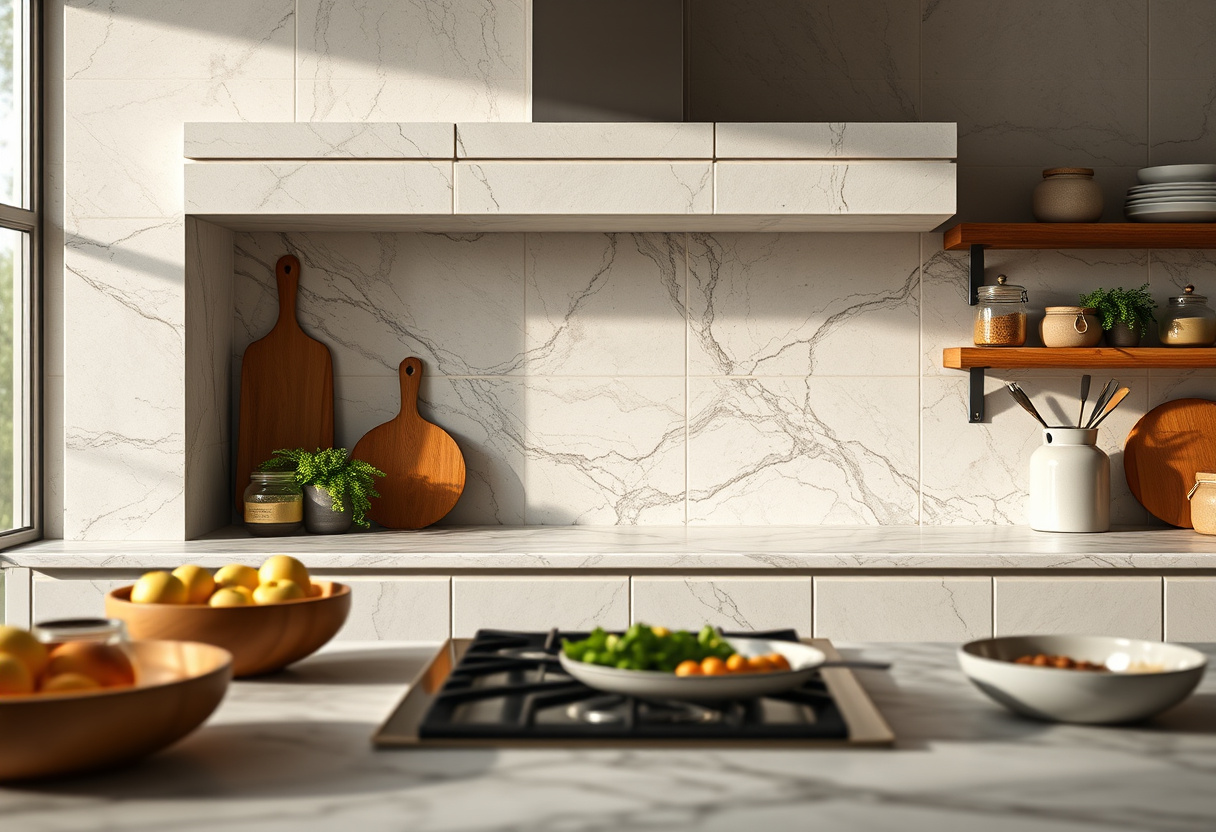 Bancada de mármore branco instalada em cozinha com cuba embutida